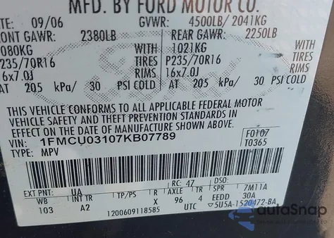 2007 Ford Escape Xlt/Xlt Sport z USA, uszkodzony, nr VIN 1FMCU03107KB07789